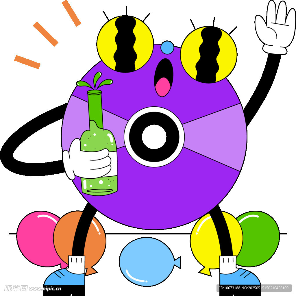 紫色光盘卡通形象拿酒瓶