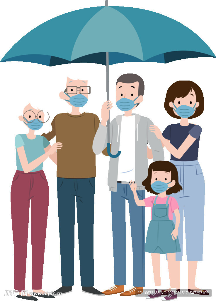 一家人撑伞戴口罩温馨画面