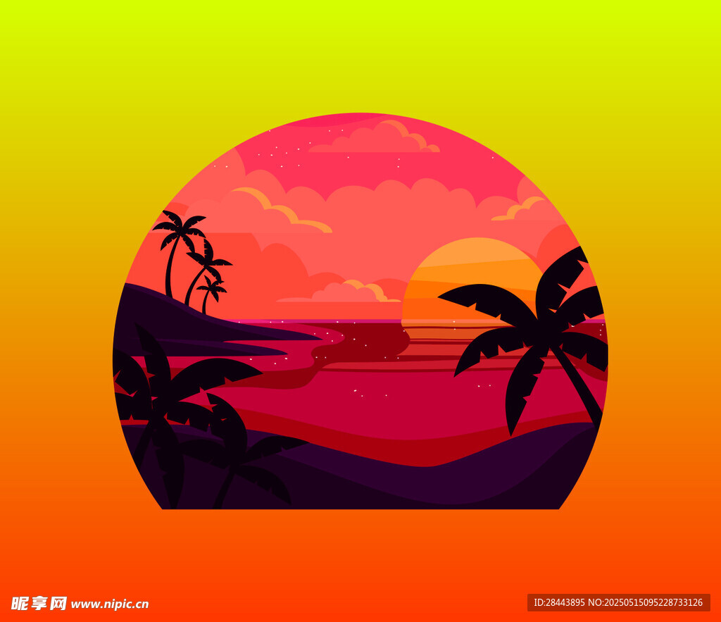 夕阳下的海边椰树美景