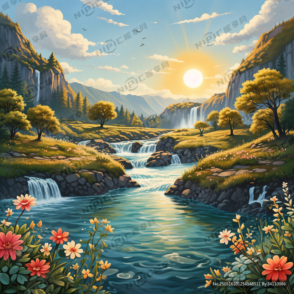 瀑布河流 平原草地 自然风光