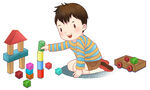 小男孩专注玩积木玩具