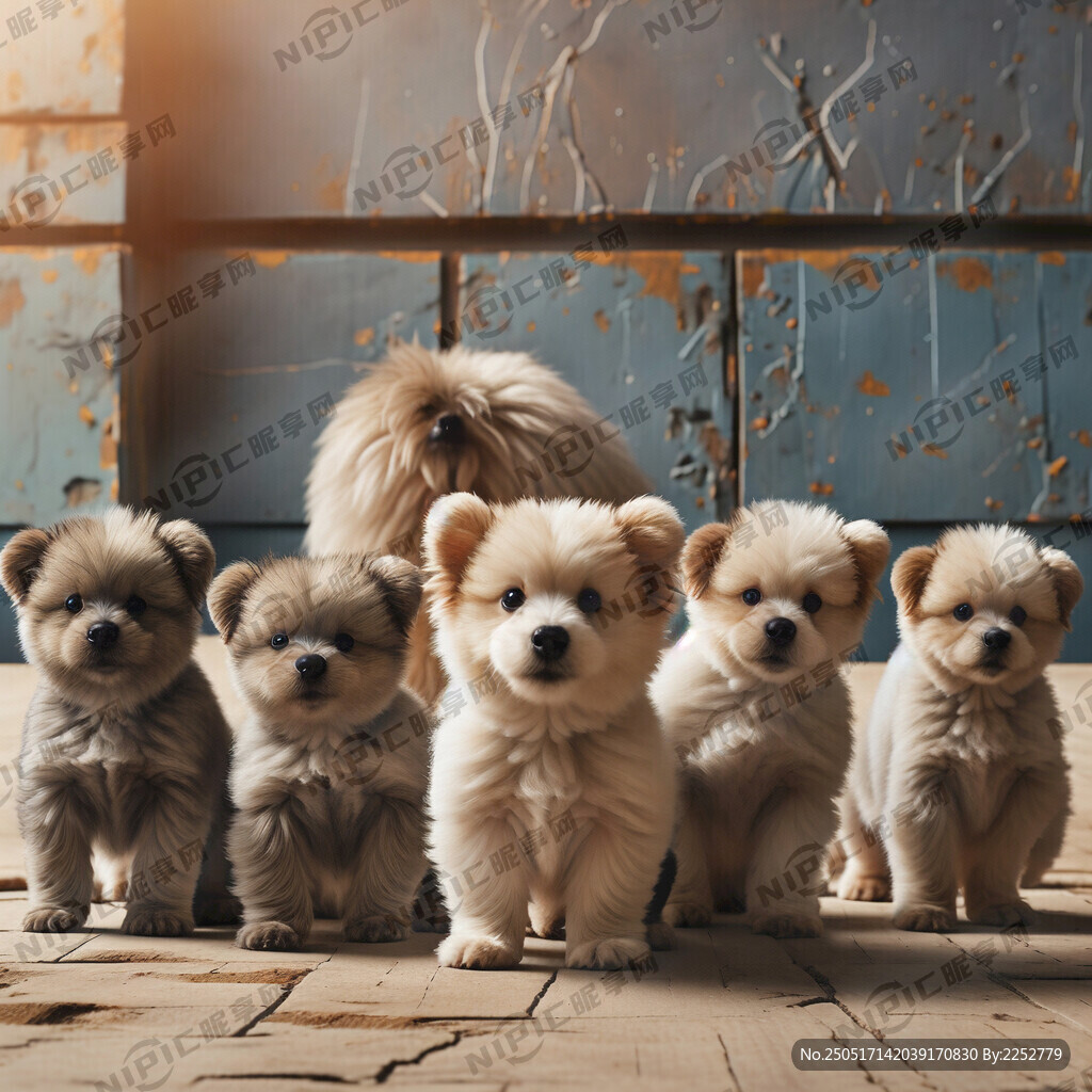 一只成年比熊犬和6只小比熊排成