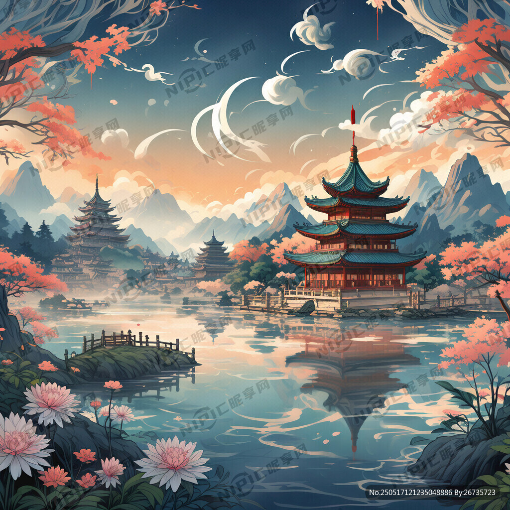 江河背景 亭台楼阁