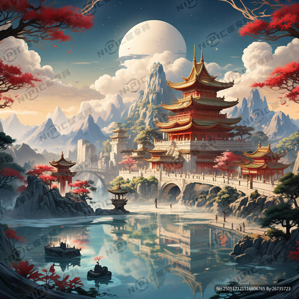 江河背景 亭台楼阁