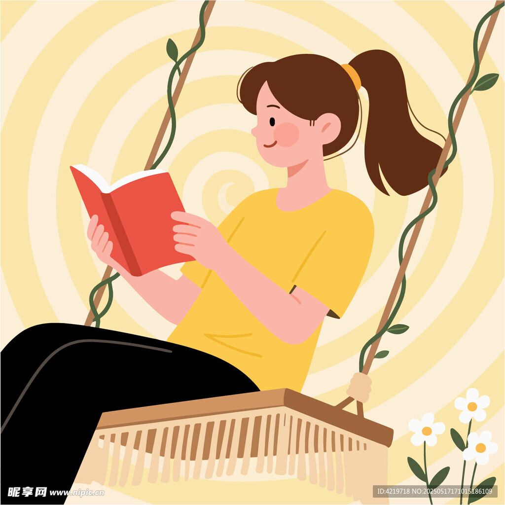 女孩惬意地在秋千上读书