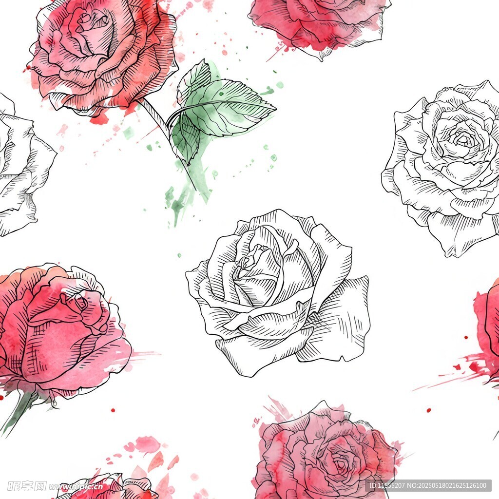 手绘水彩玫瑰花图案素材