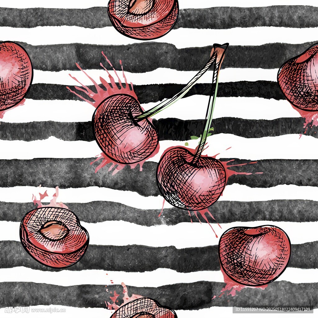 黑白条纹背景上的水彩樱桃