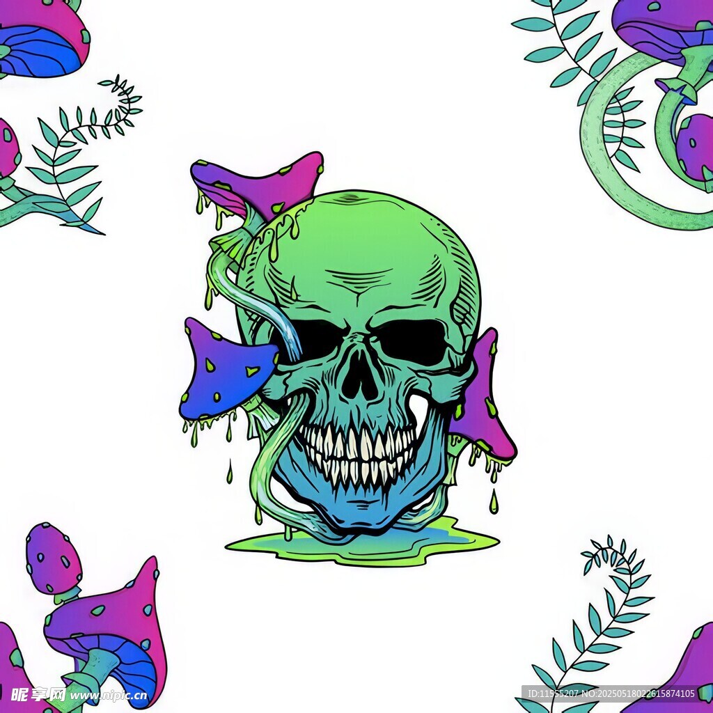 骷髅与奇幻蘑菇插画四方连续 