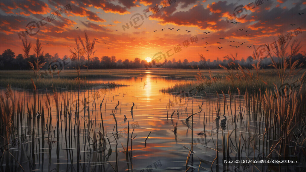 夕阳 芦苇 池塘 7只大雁