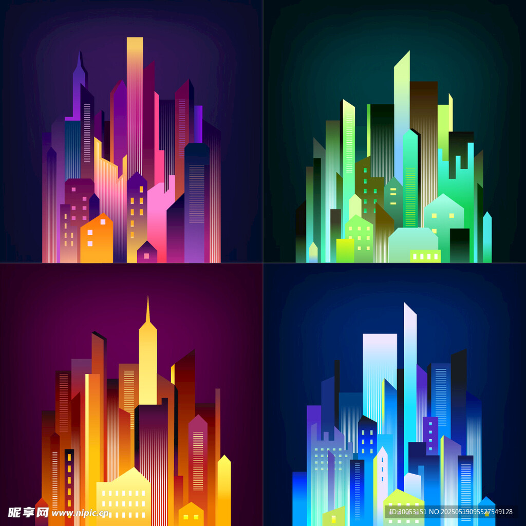 炫彩霓虹城市建筑插画