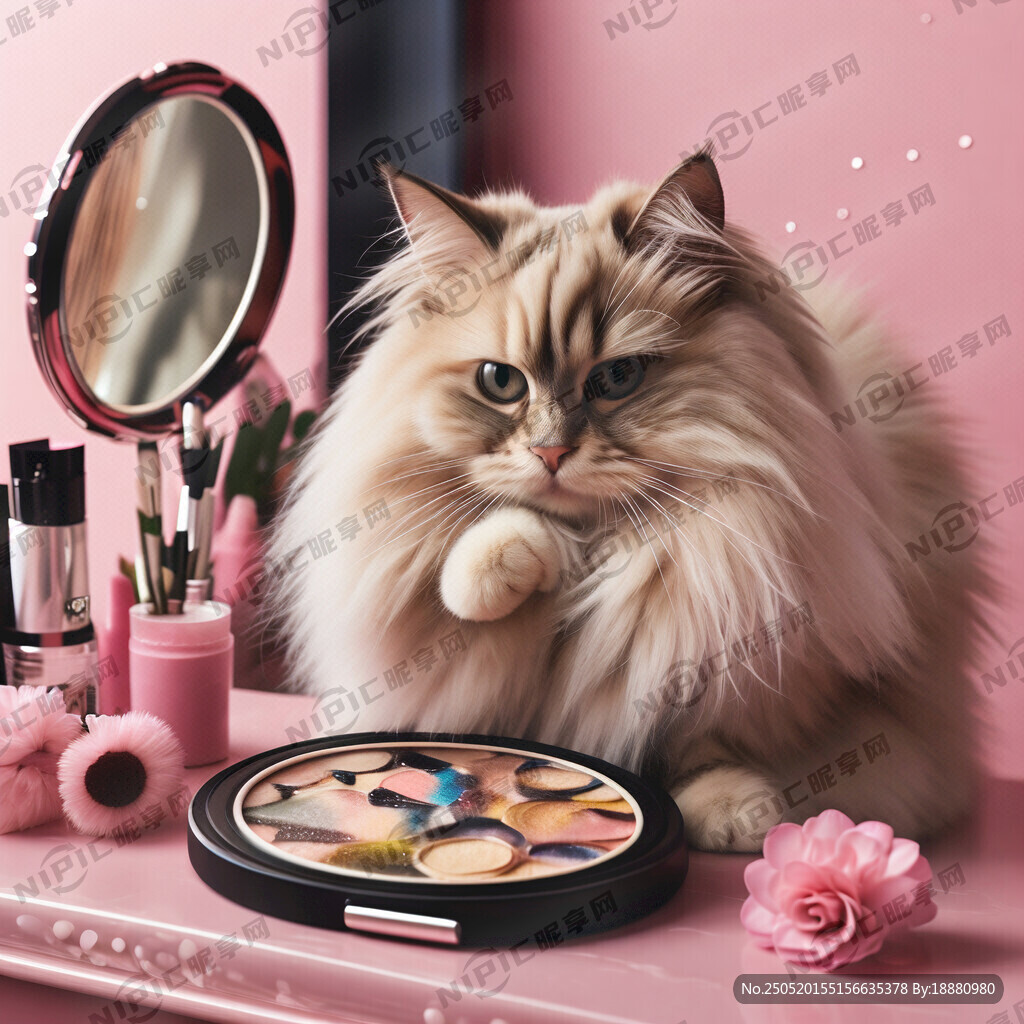 宠物布偶猫 在梳妆台上美容化妆