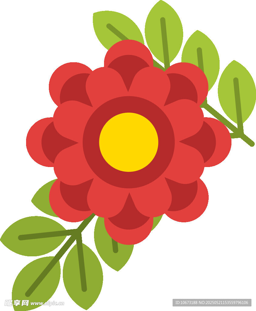红色花朵配绿叶插画