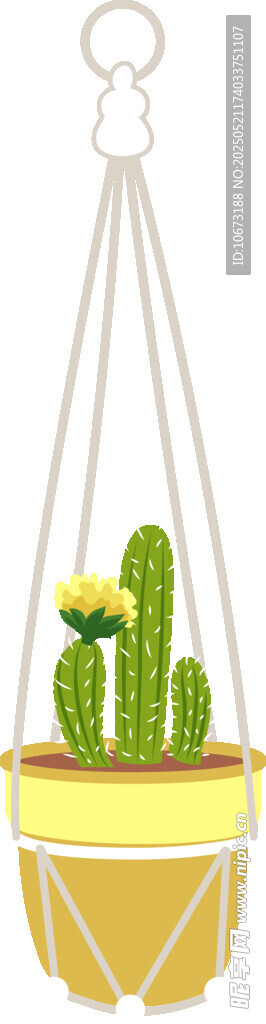 悬挂式黄色花盆中的仙人掌