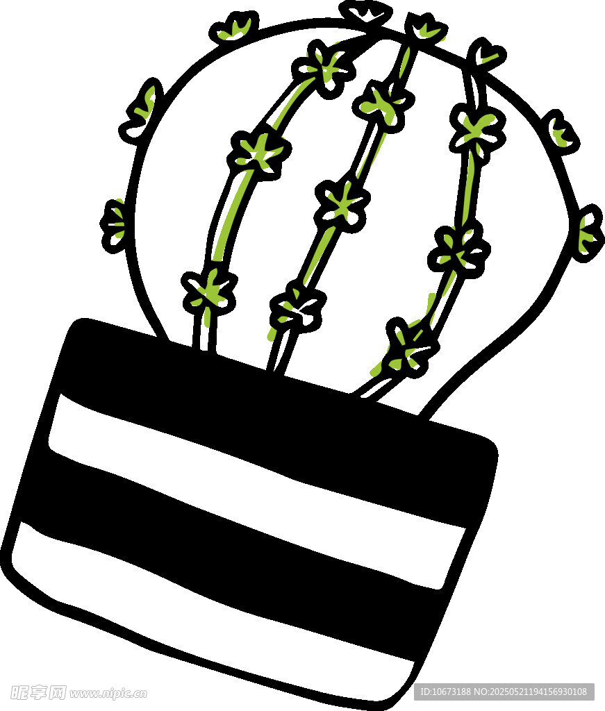 黑白条纹盆中的卡通仙人掌