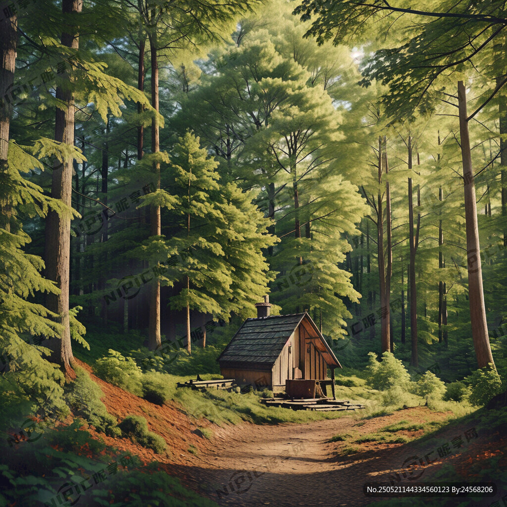 树木树叶树下小木屋