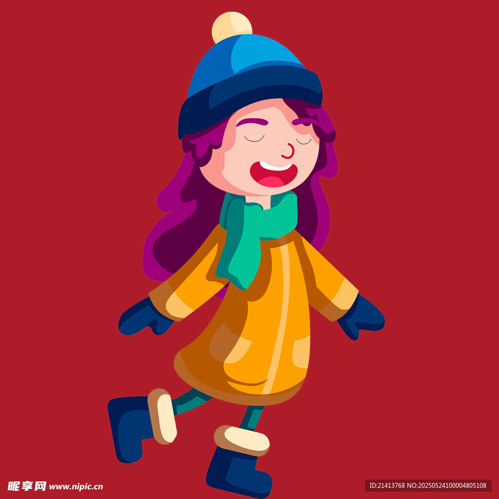 冬日欢快奔跑的可爱女孩