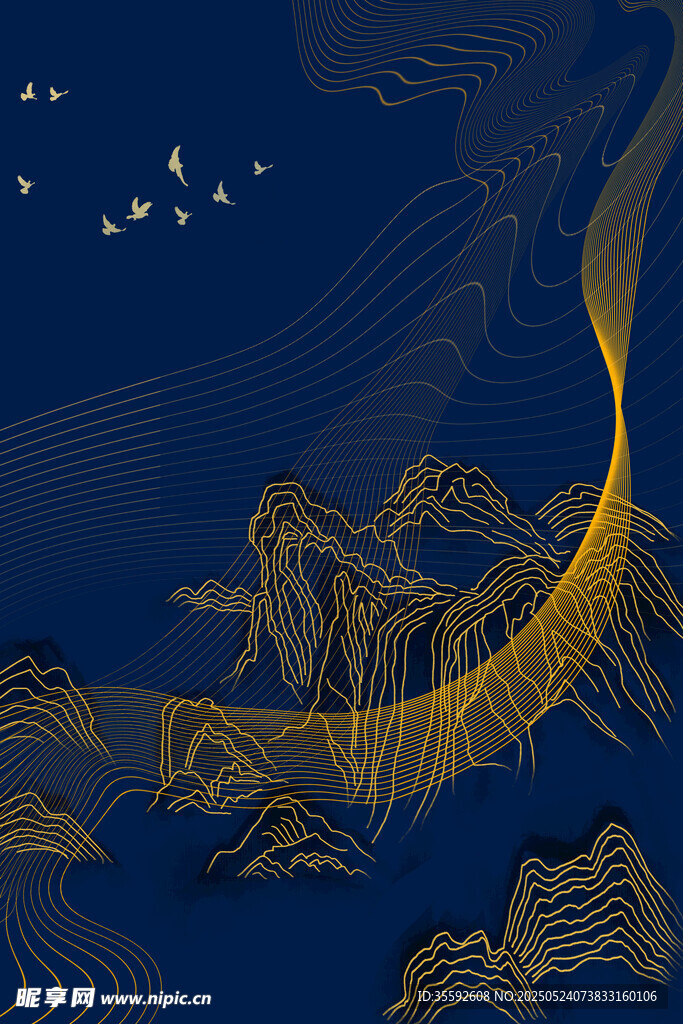 梦幻金色线条山水