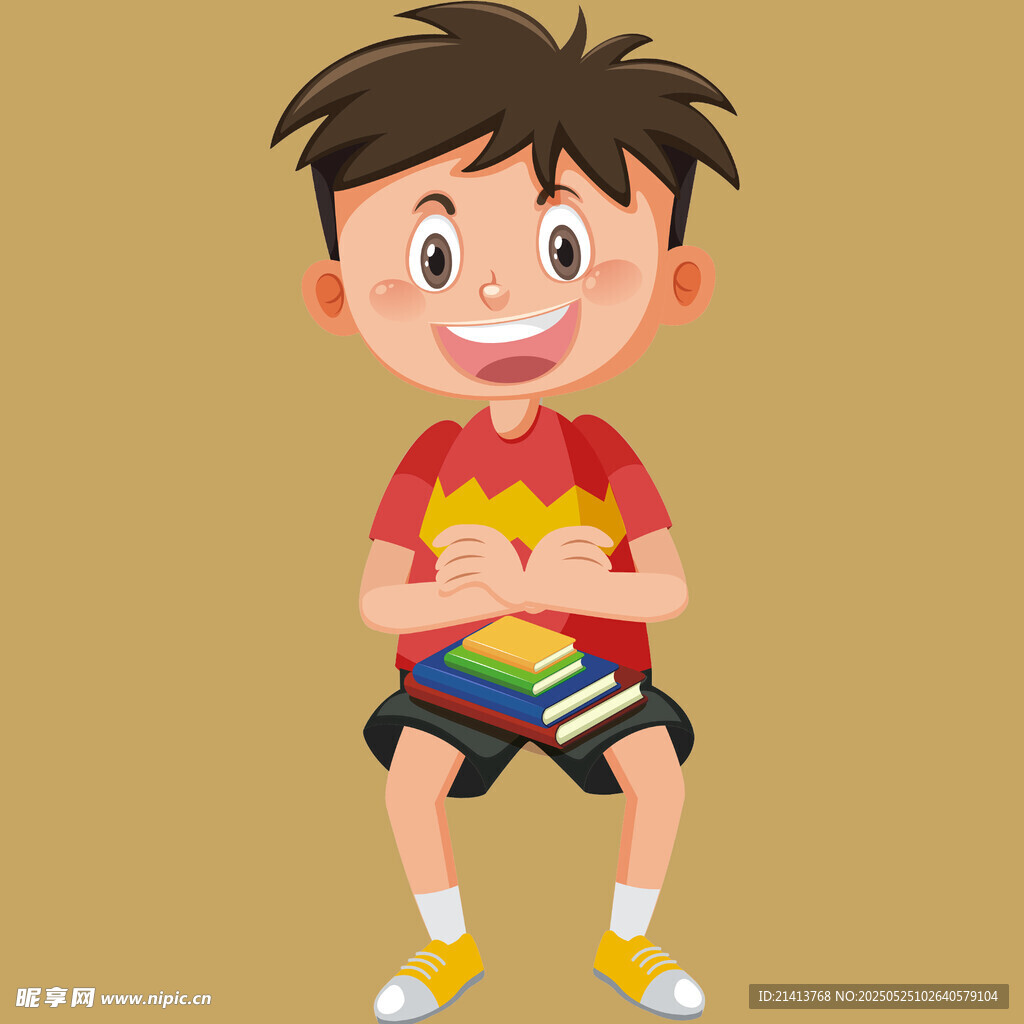 开心抱书的小男孩