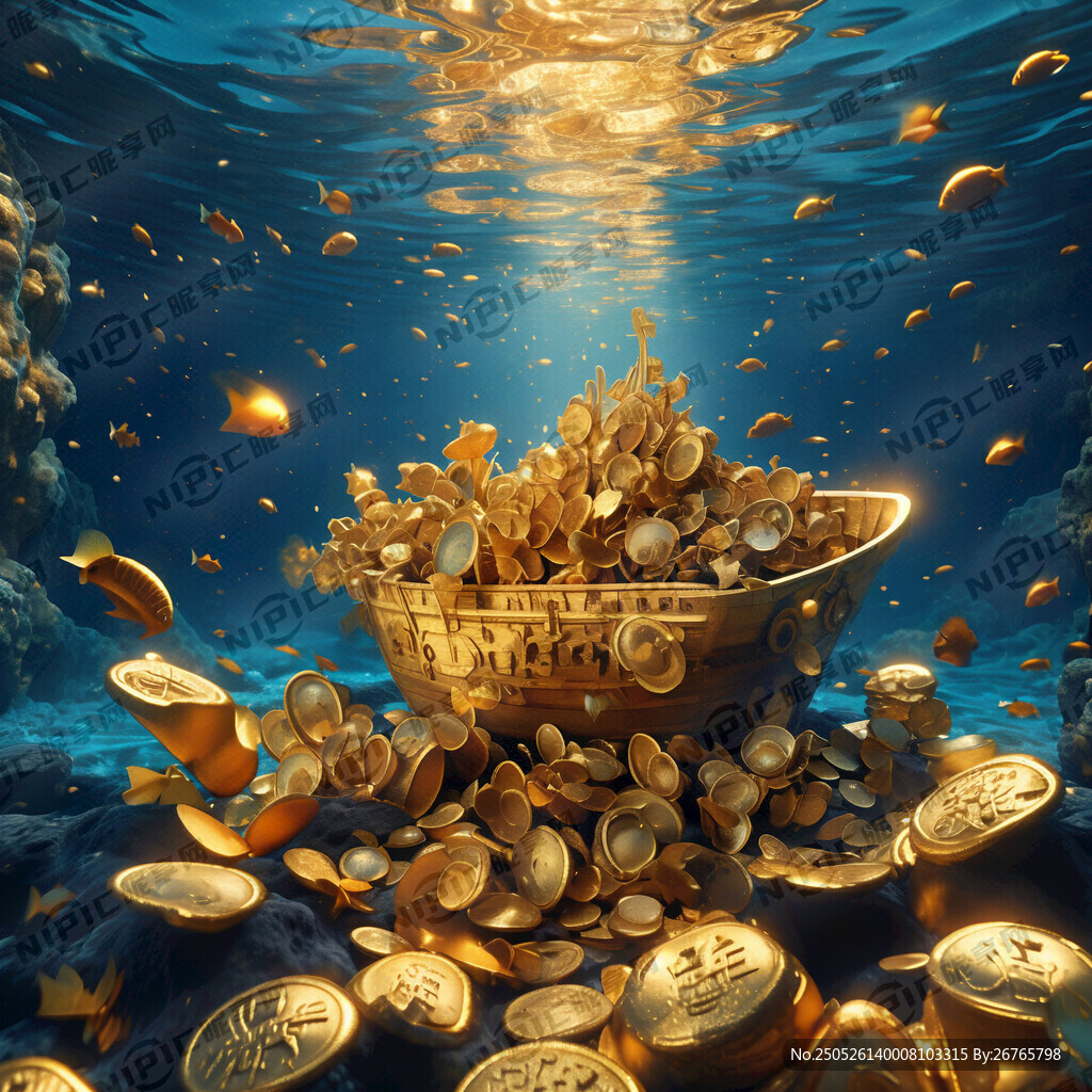 海底世界沉船金元宝黄金背景图