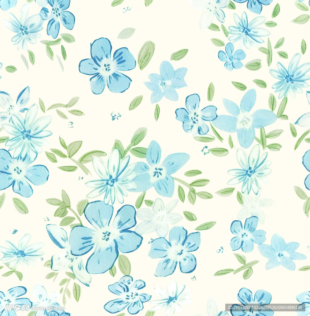 清新蓝花绿叶花卉图案