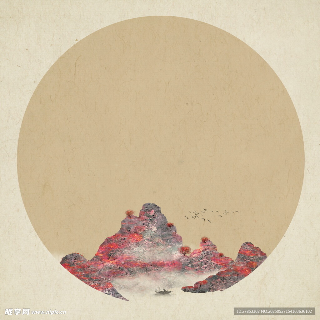 圆形山水墨画意境悠远