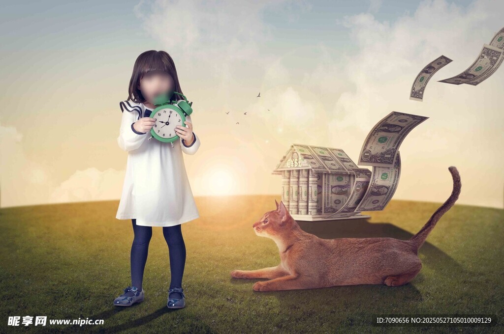 女孩与存钱罐及钞票场景