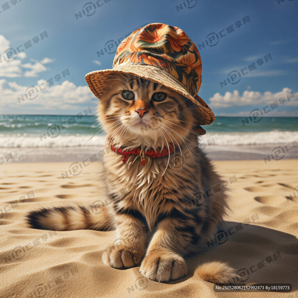 带着沙滩帽的猫 侧坐
