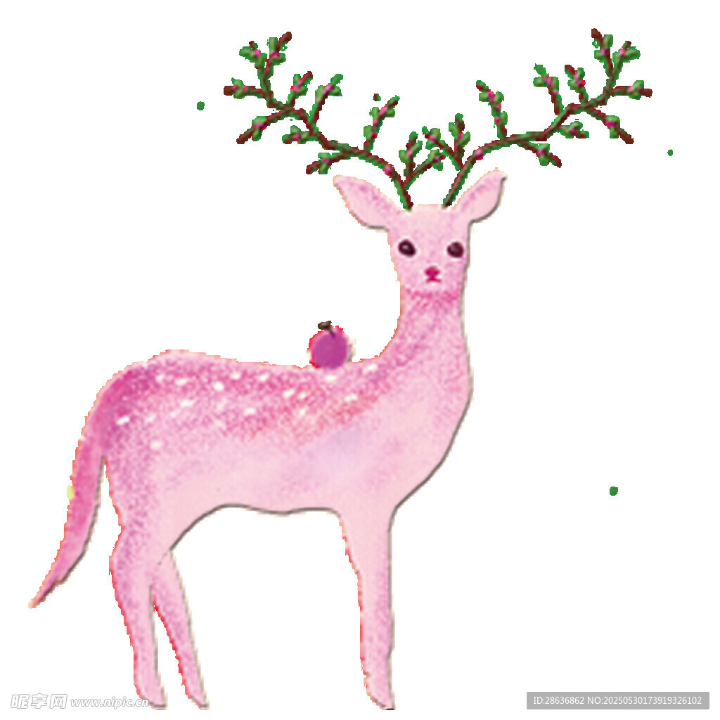 粉色小鹿与小鸟插画