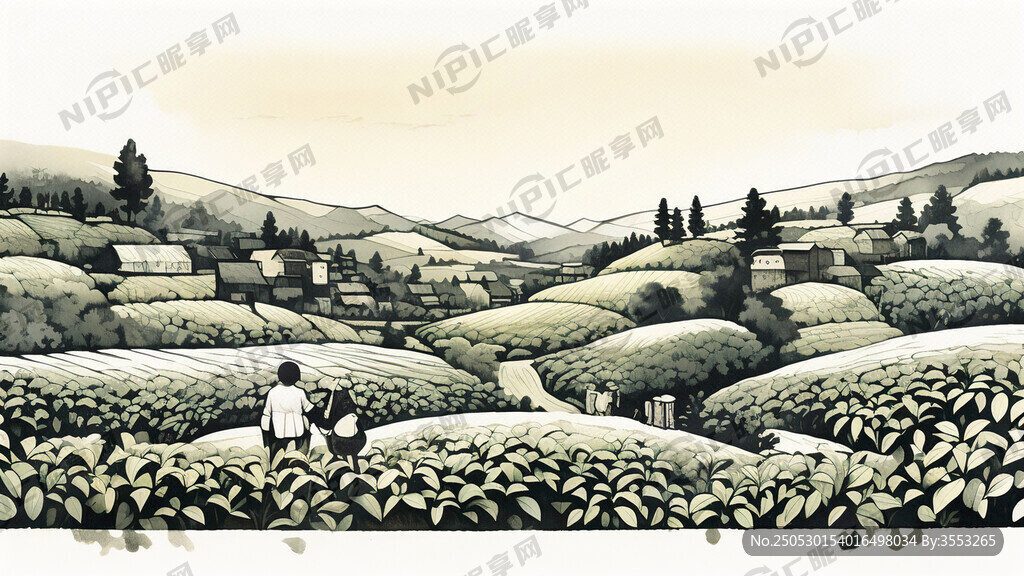 手绘 乡村 采茶图 线条