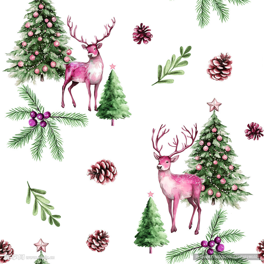 圣诞麋鹿松树水彩图案