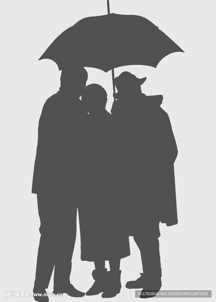 雨中三人撑伞温馨剪影