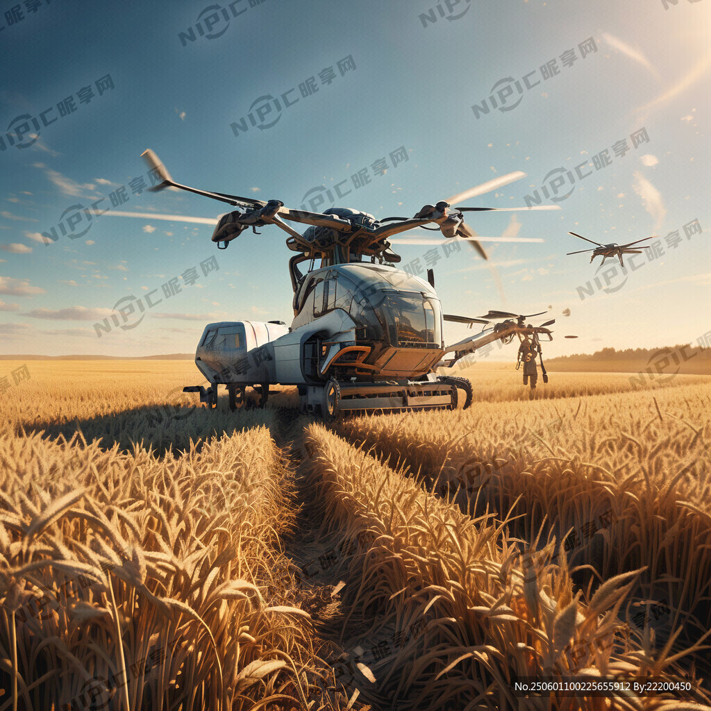 小麦收割场景图 收割机 无人机