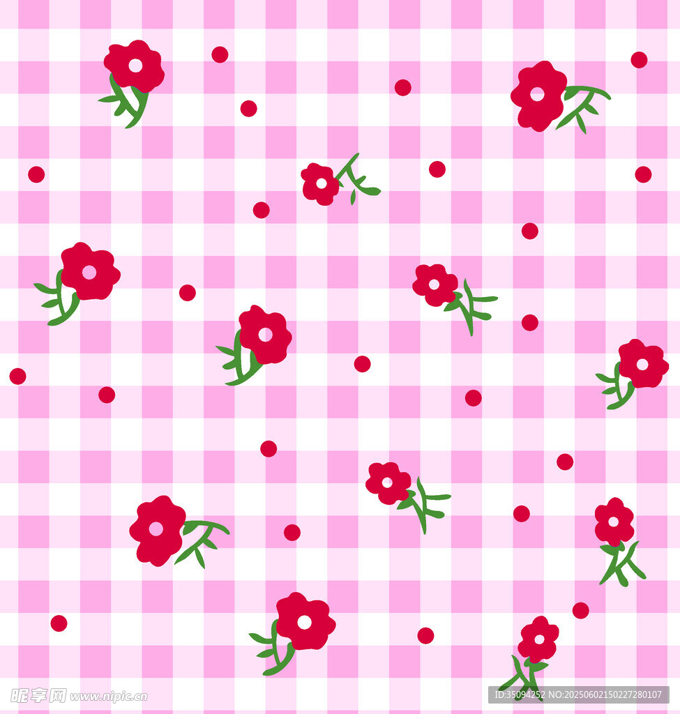 粉色格纹底红色小花图案