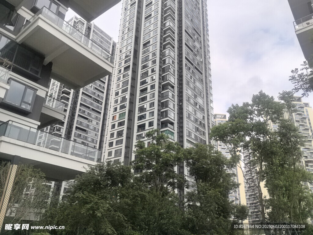 高层住宅旁的绿植景观