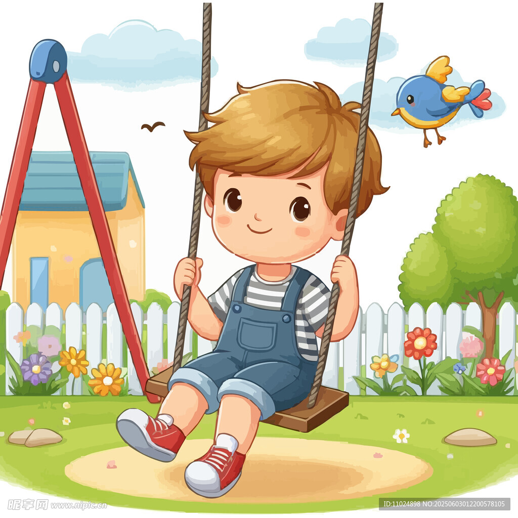 小男孩快乐地坐在秋千上