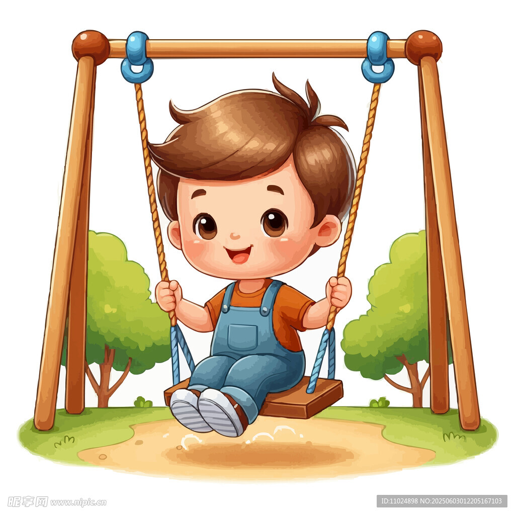 小男孩快乐荡秋千