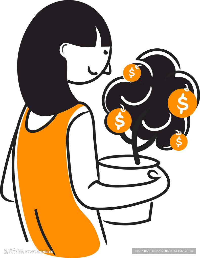 女孩培育带美元符号的植物