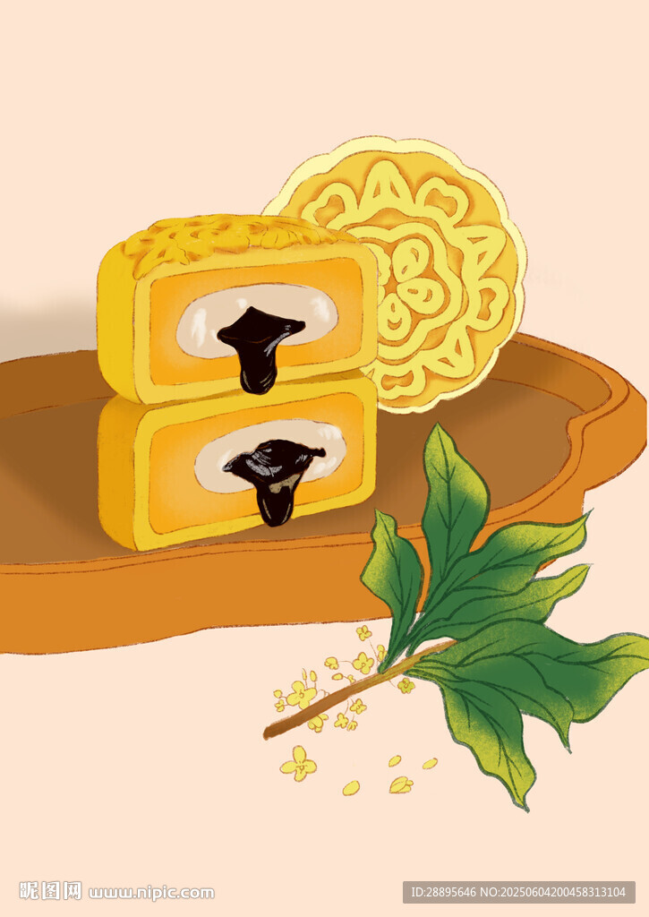 美味双黄月饼配秋叶手绘插画