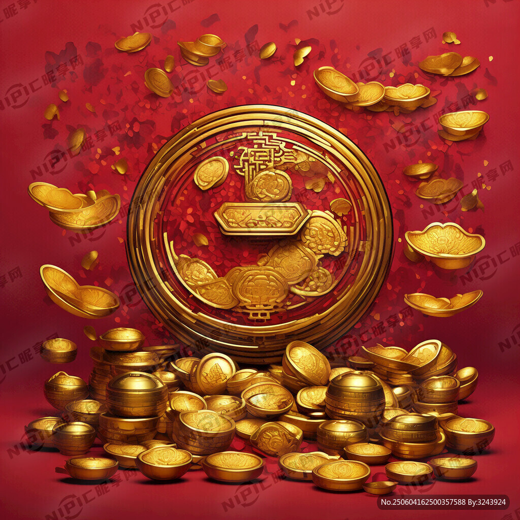 红色背景里的中式金元宝