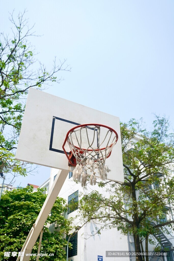 户外篮球架与绿树蓝天