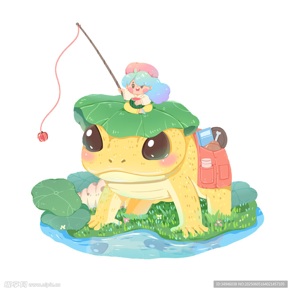 荷叶上钓鱼的可爱小黄蛙