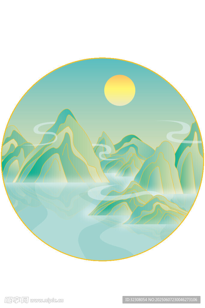 圆形山水风景插画