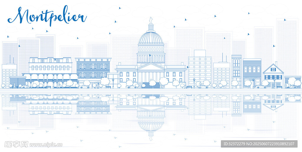 城市天际线水彩风格插画