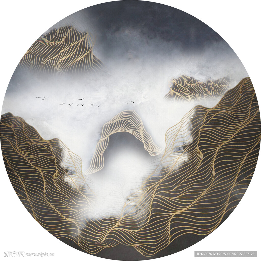 圆形山水金纹艺术装饰画