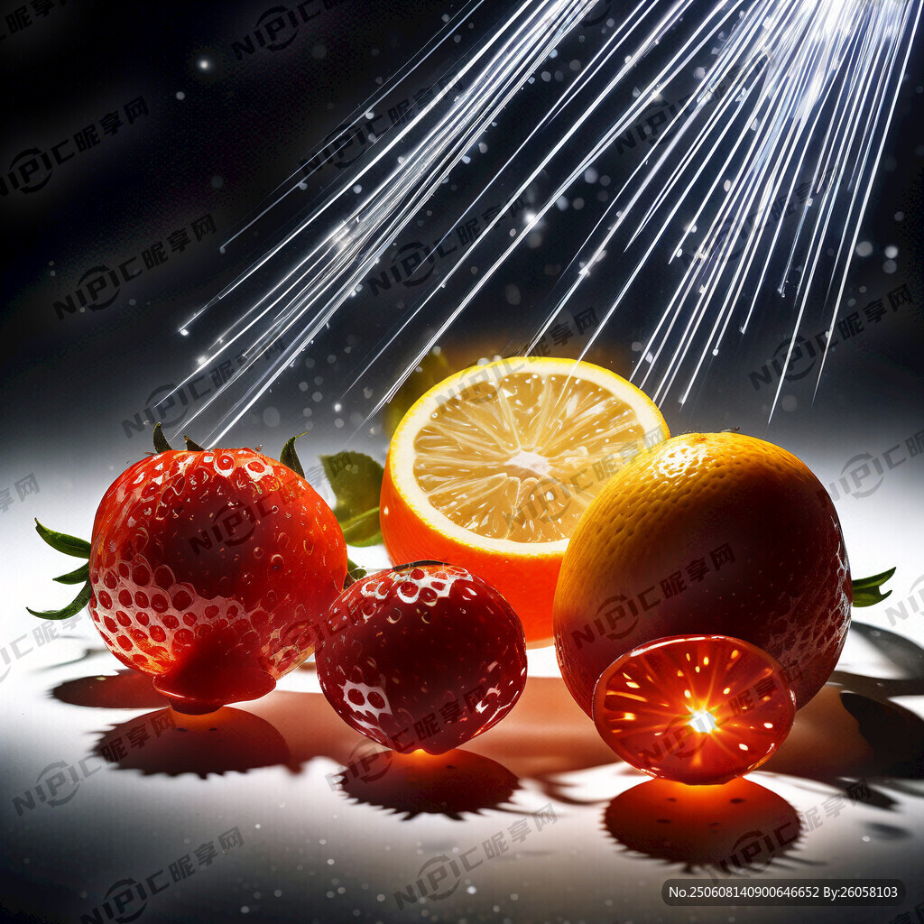 一缕光纤照着切开的半只柠檬 