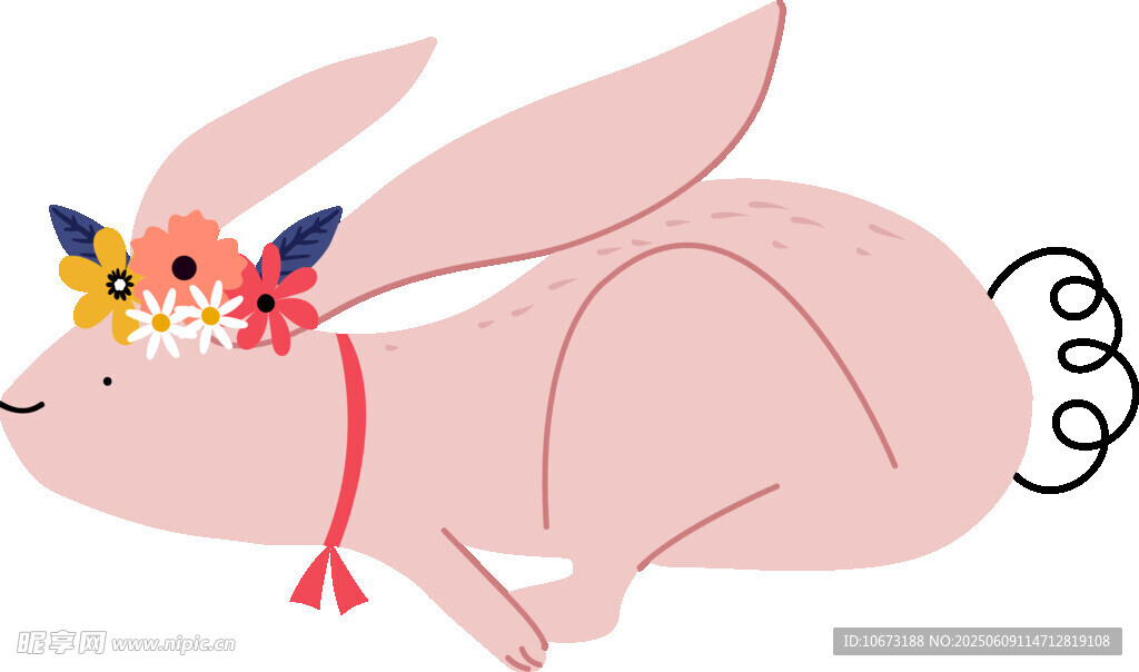 戴花环的可爱趴卧小兔子