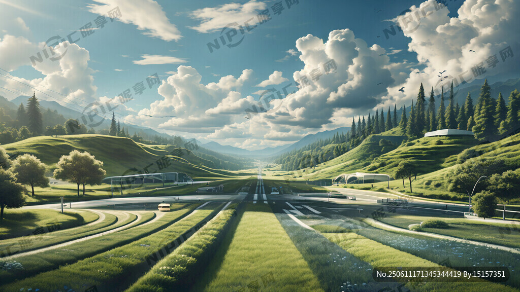 公路蓝天白云草坪