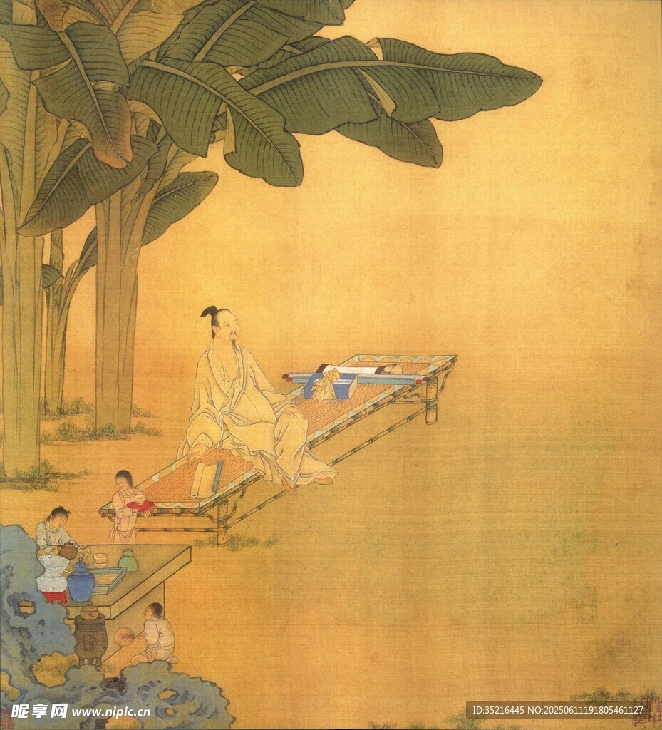 古画中泛舟的闲适场景