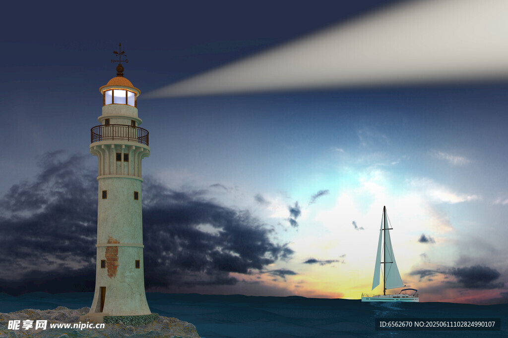 海上灯塔照亮夜幕中的船