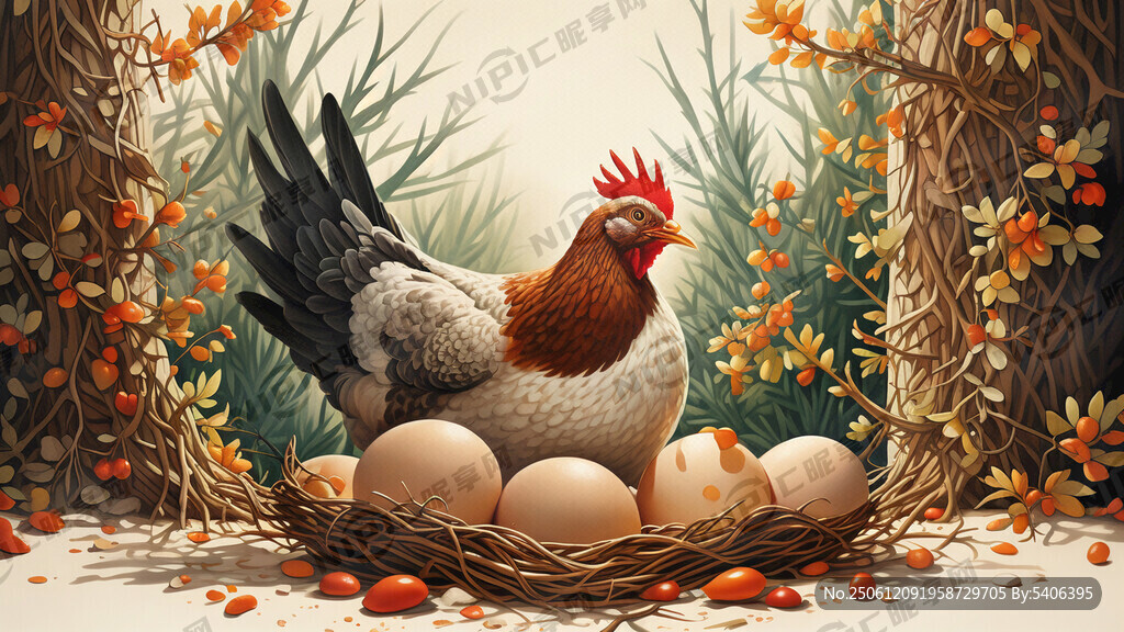 一只母鸡在孵蛋后面是沙棘灌木